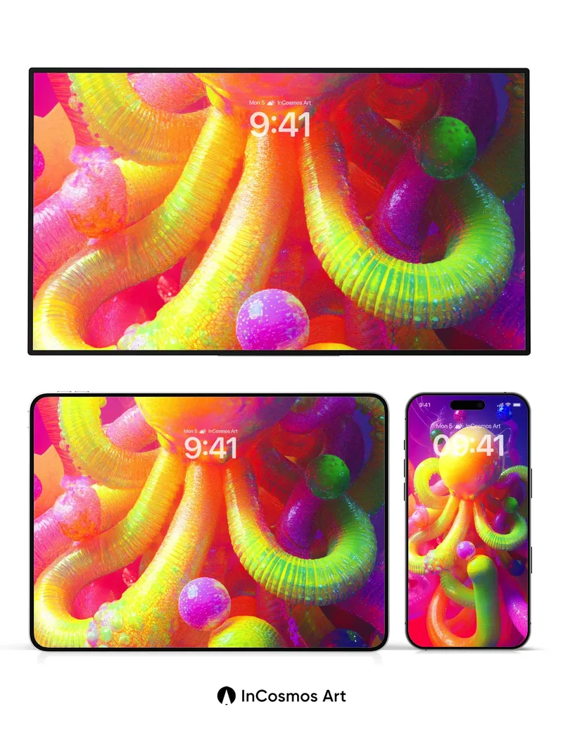 Neon Octopus Wallpaper with Cosmic Bubbles