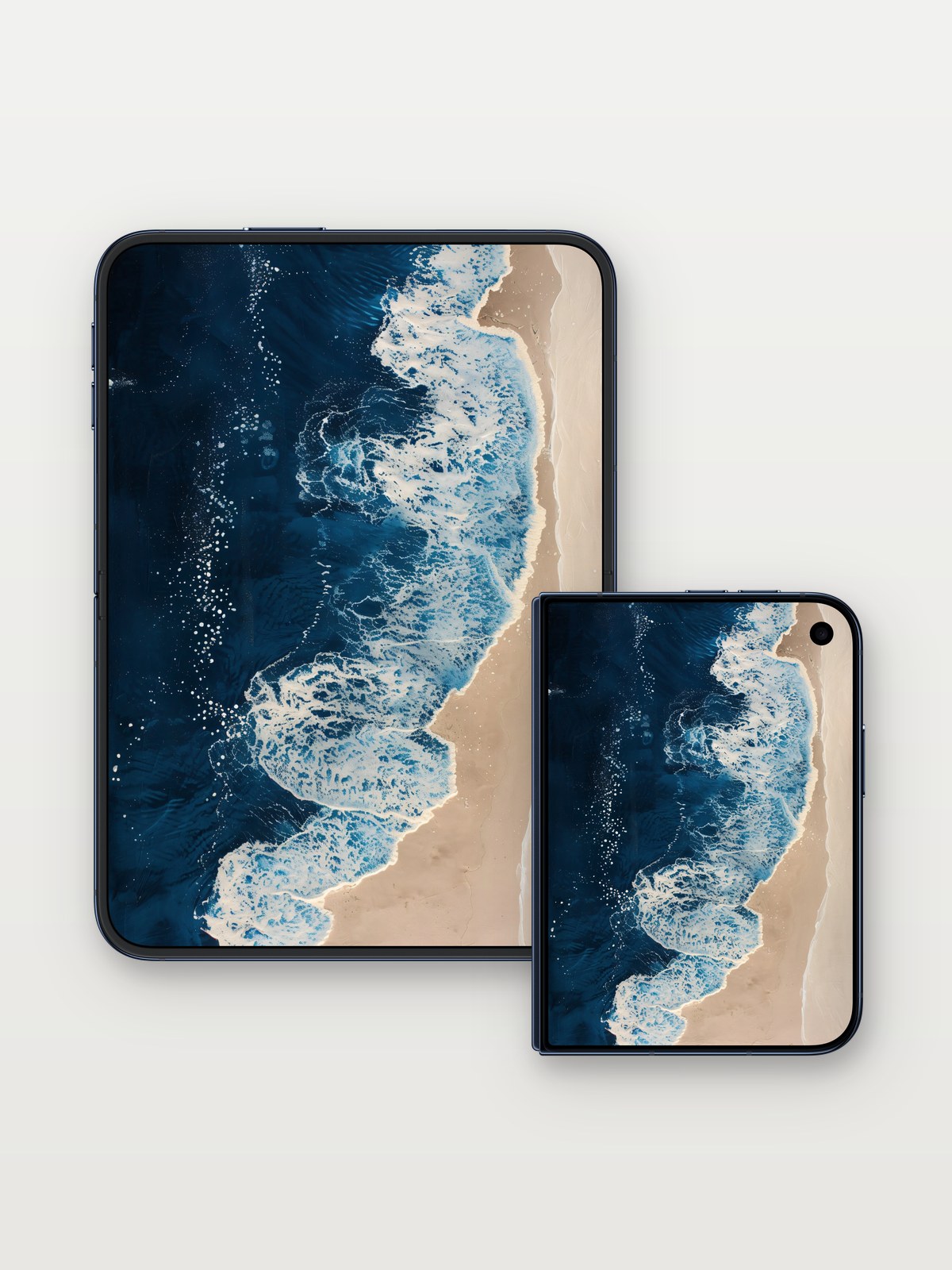 Cerulean Edge Wallpaper with Foam Fractals on iPhone Duo, open and closed