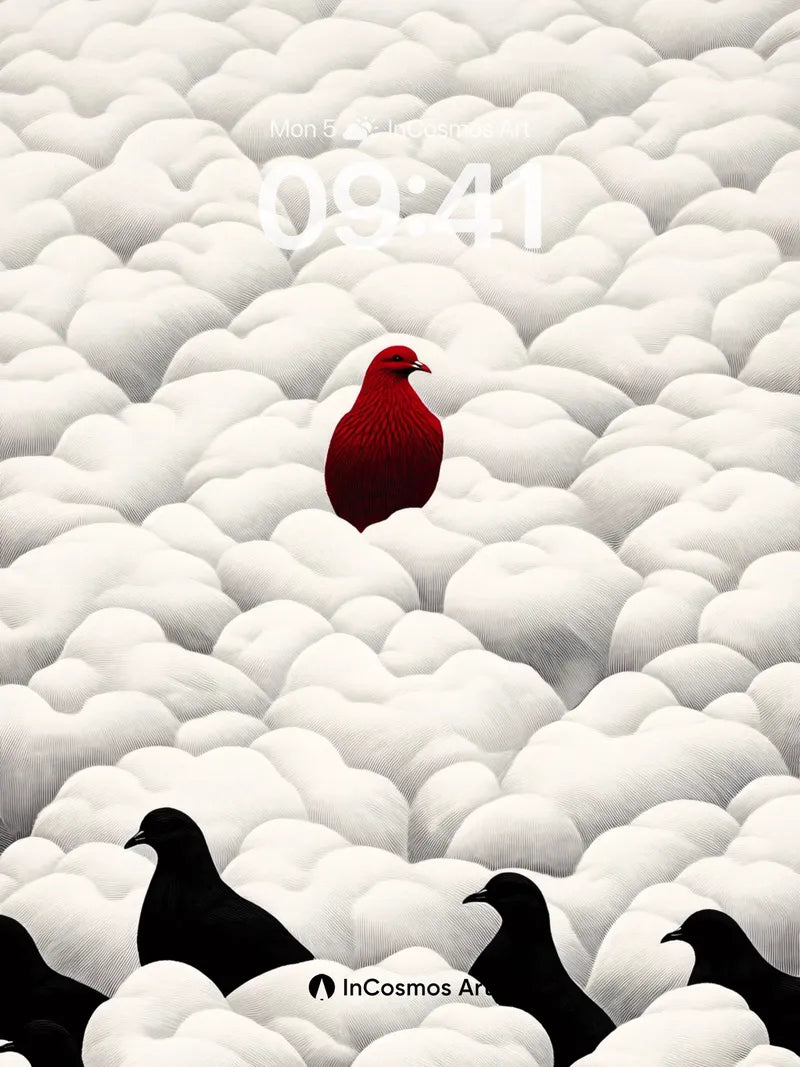 Solitary Crimson Wallpaper Among Clouded Flock wallpaper for iPhone, iPad & Mac