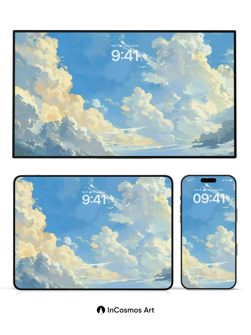 Serenity Sky Wallpaper with Sunlit Clouds