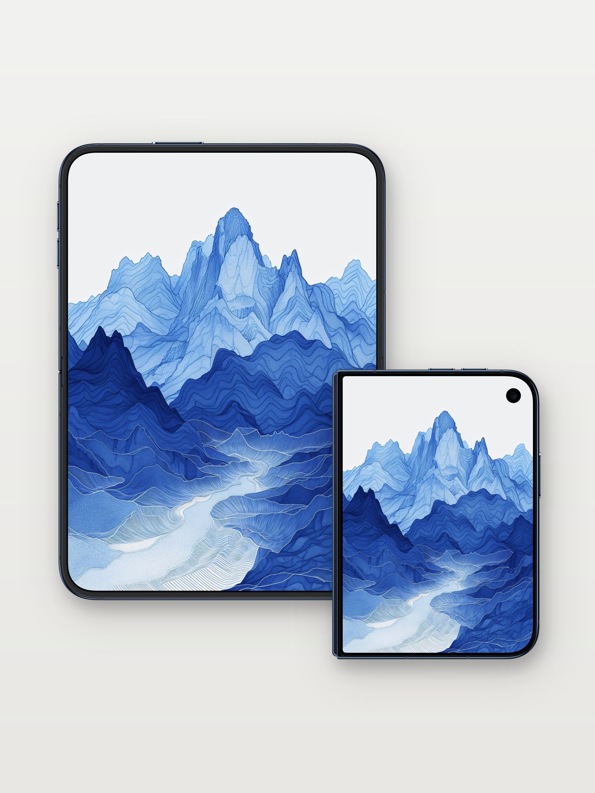 Cobalt Reverie Wallpaper with Whispering Peaks on iPhone Duo, open and closed
