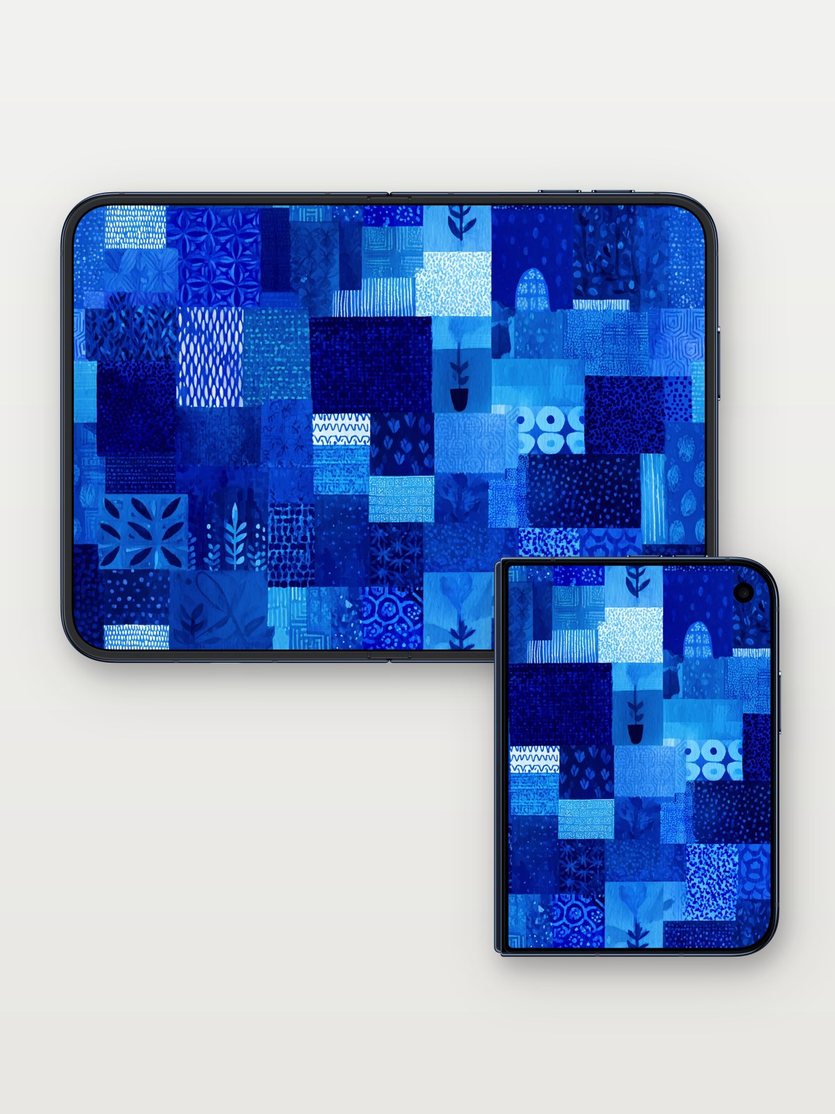 Indigo Tapestry Wallpaper with Hidden Patterns on iPhone Duo, open and closed