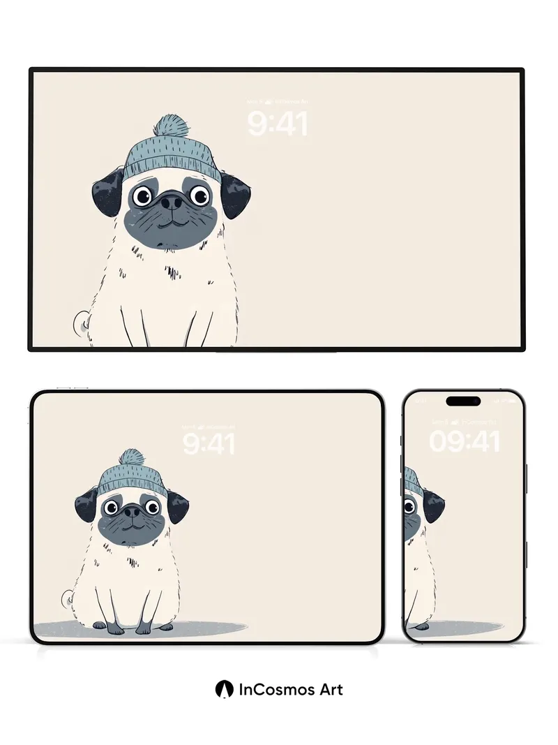 Whimsical Pug Wallpaper with Knit Hat Charm