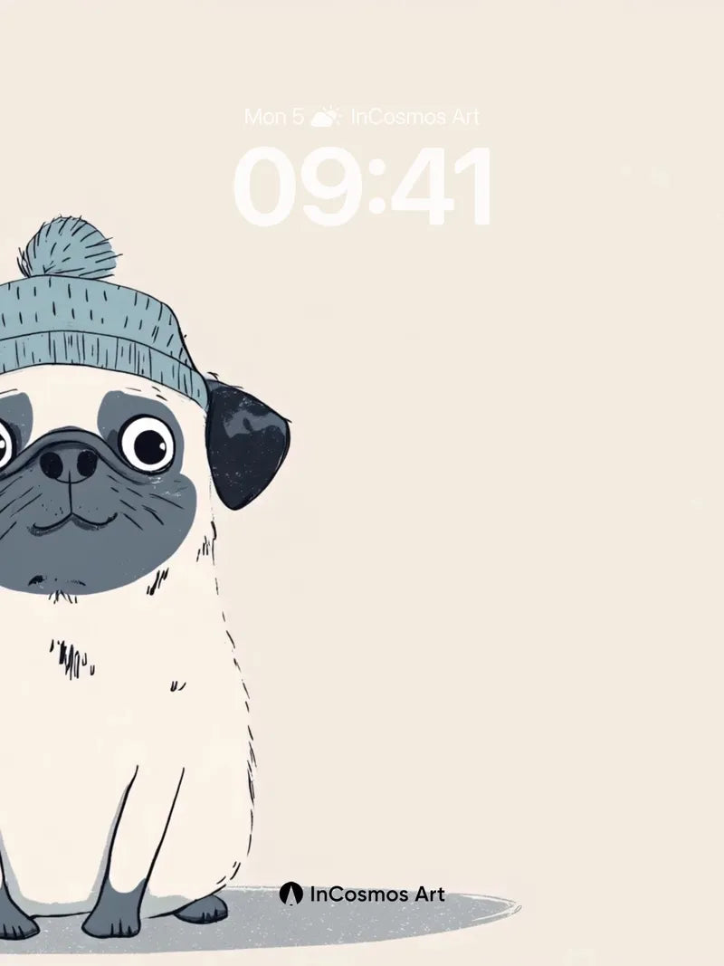 Whimsical Pug Wallpaper with Knit Hat Charm