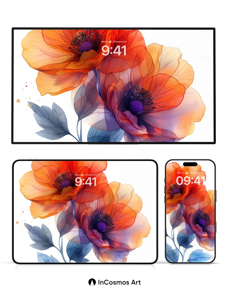 Luminous Poppy Wallpaper with Ethereal Leaves