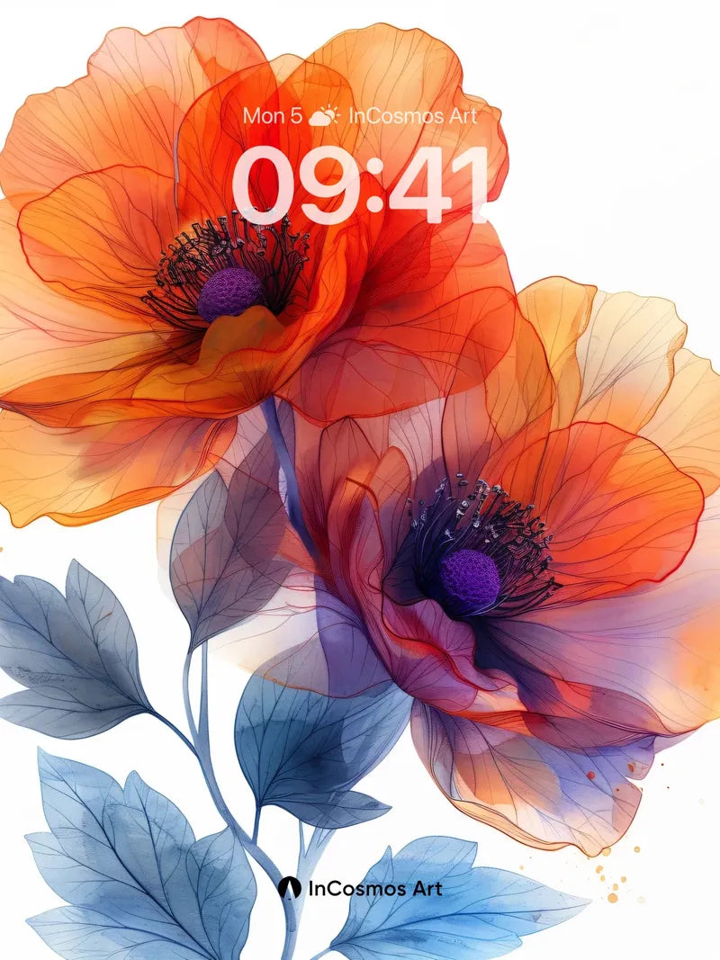 Luminous Poppy Wallpaper with Ethereal Leaves