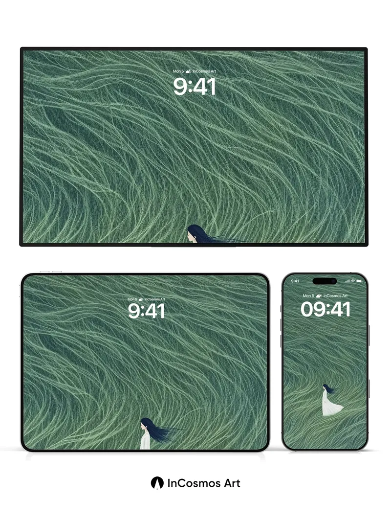 Serenity in Green Waves Wallpaper with Floating Figure