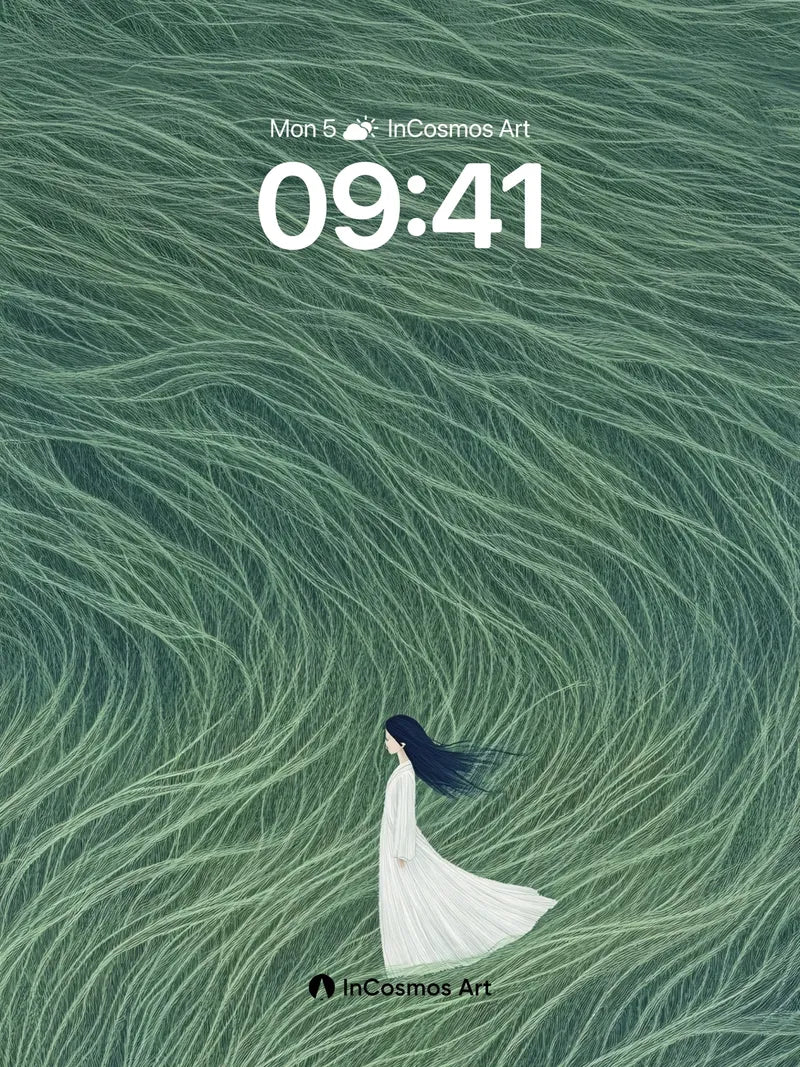 Serenity in Green Waves Wallpaper with Floating Figure