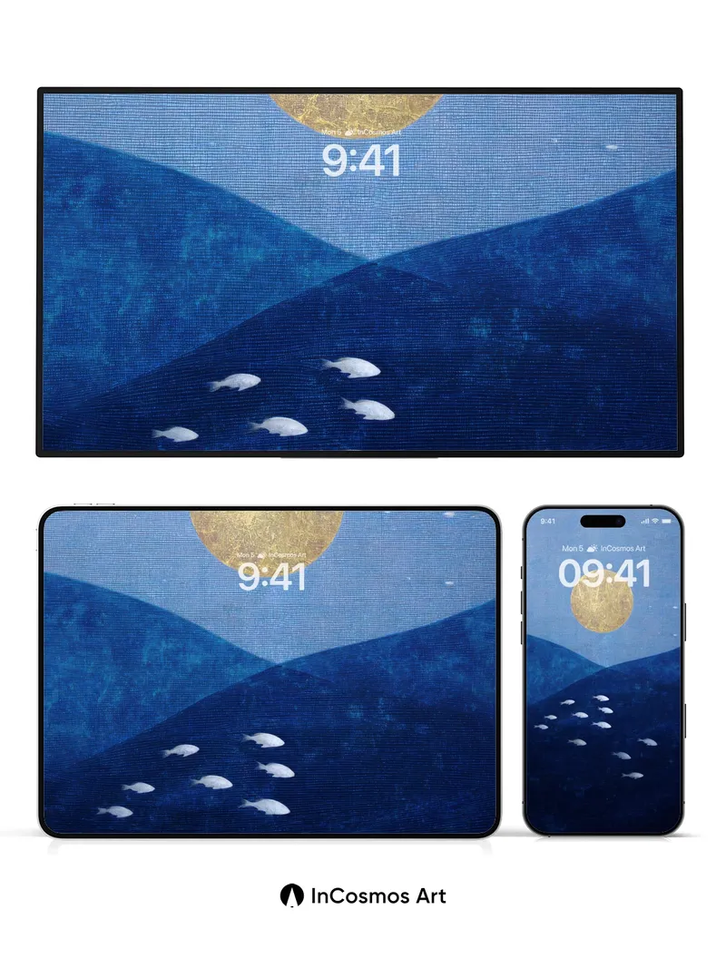 Moonlit Depths Wallpaper with Silver Fish