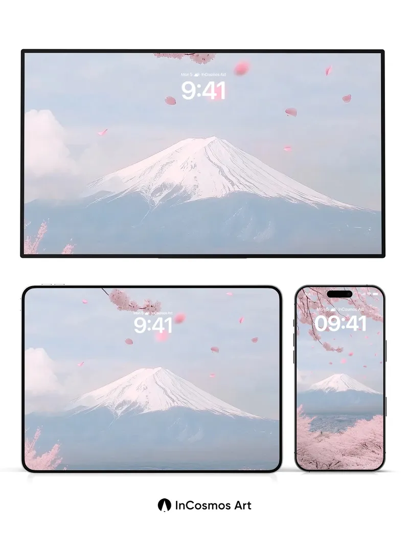 Serenity Snowcap Wallpaper with Cherry Petal Drift