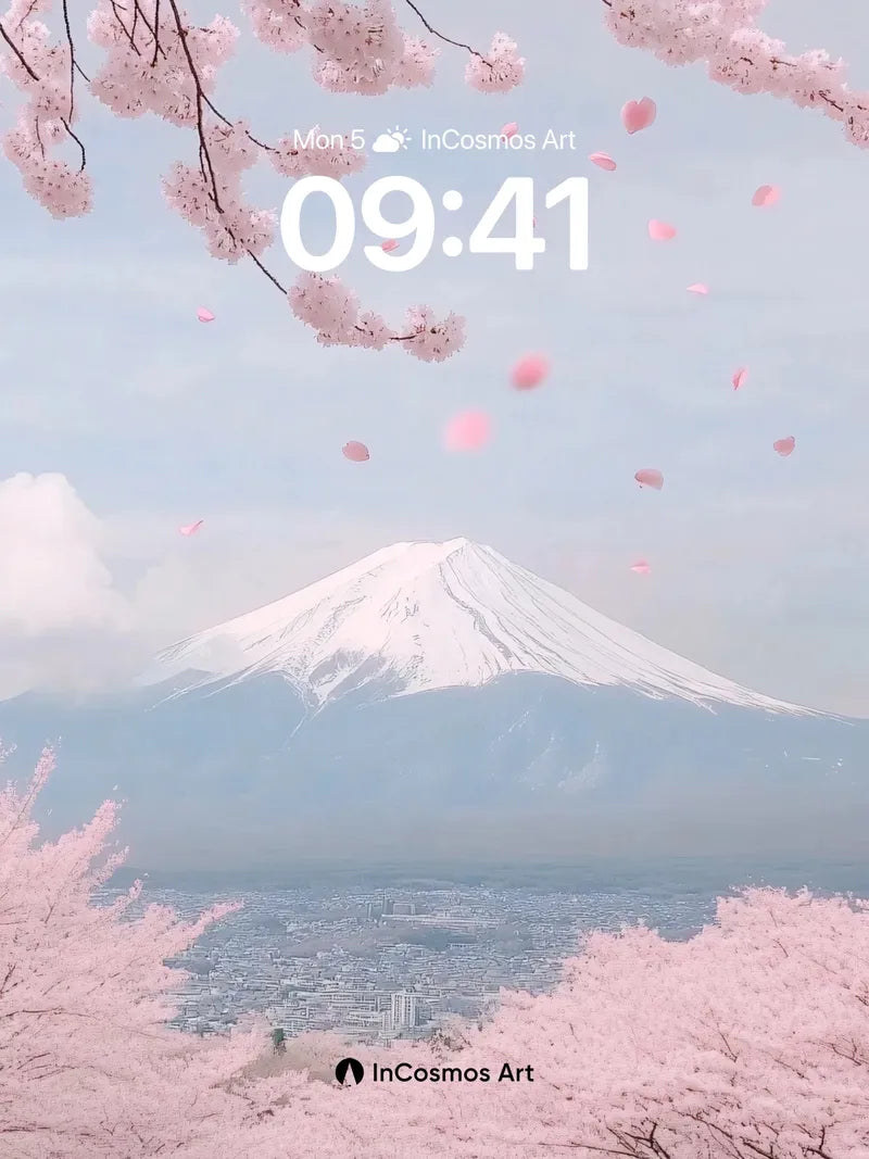 Serenity Snowcap Wallpaper with Cherry Petal Drift