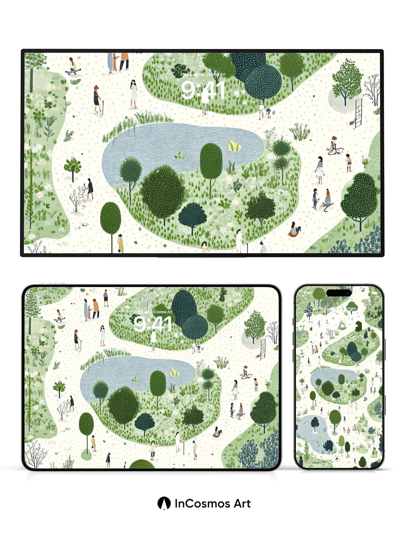 Whispering Grove Wallpaper with Strolling Figures