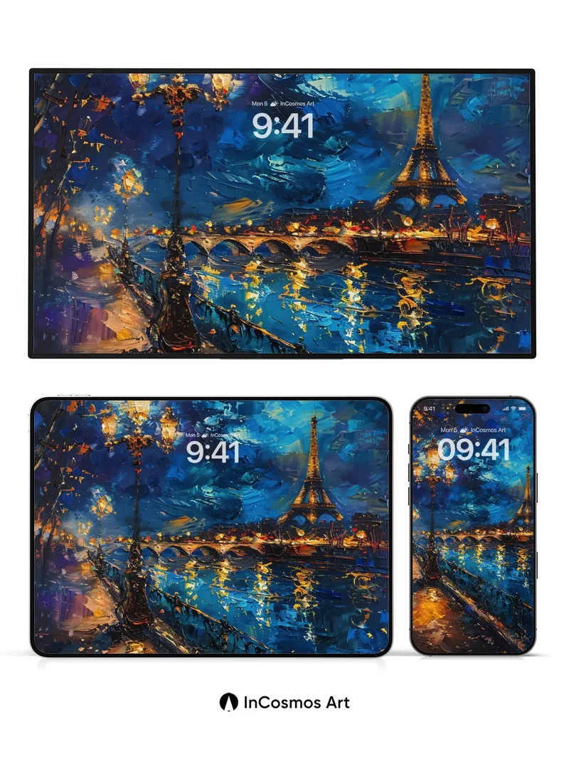 Nocturnal Paris Wallpaper with Golden Reflections