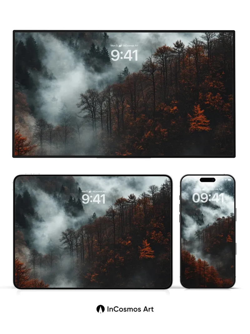 Autumn Hush Wallpaper with Mist-Covered Canopy