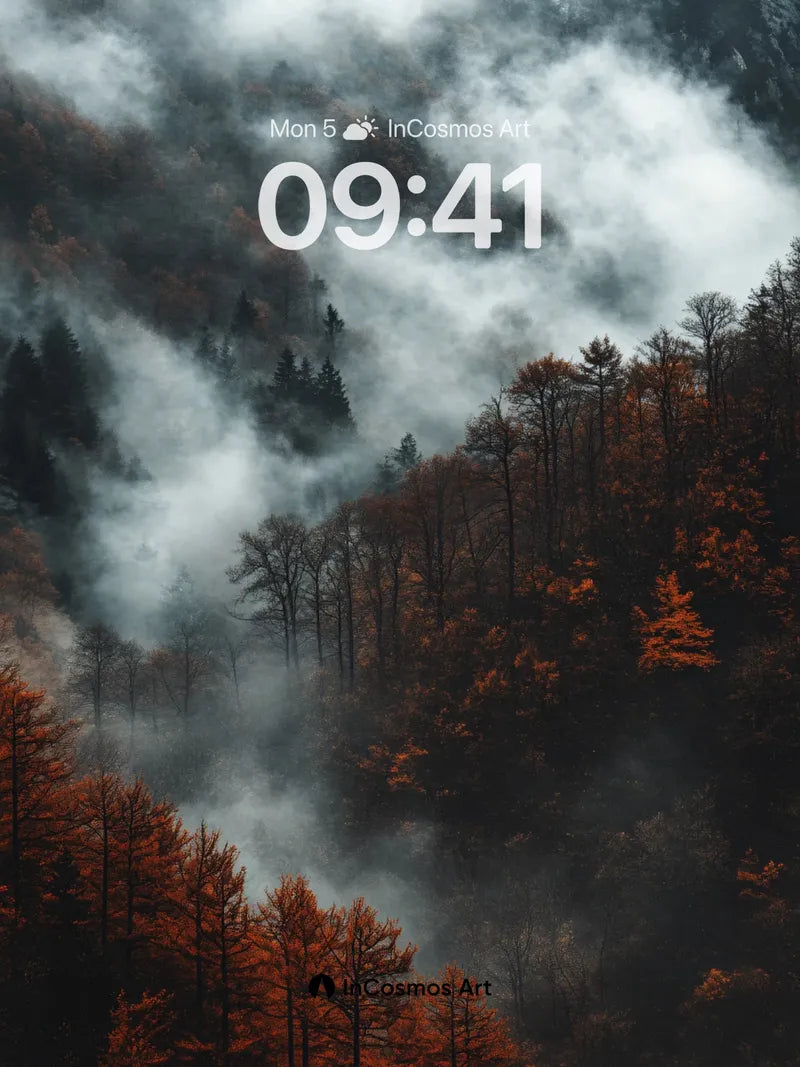 Autumn Hush Wallpaper with Mist-Covered Canopy