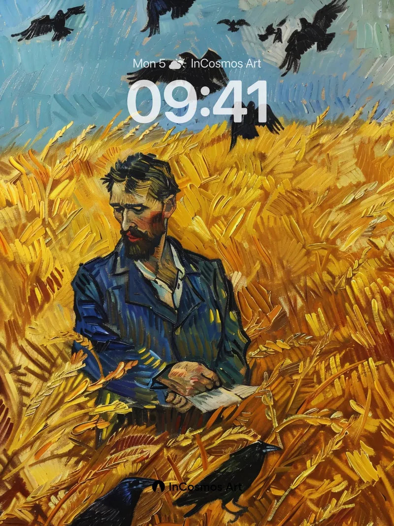 Whispering Wheat Wallpaper with Flying Crows