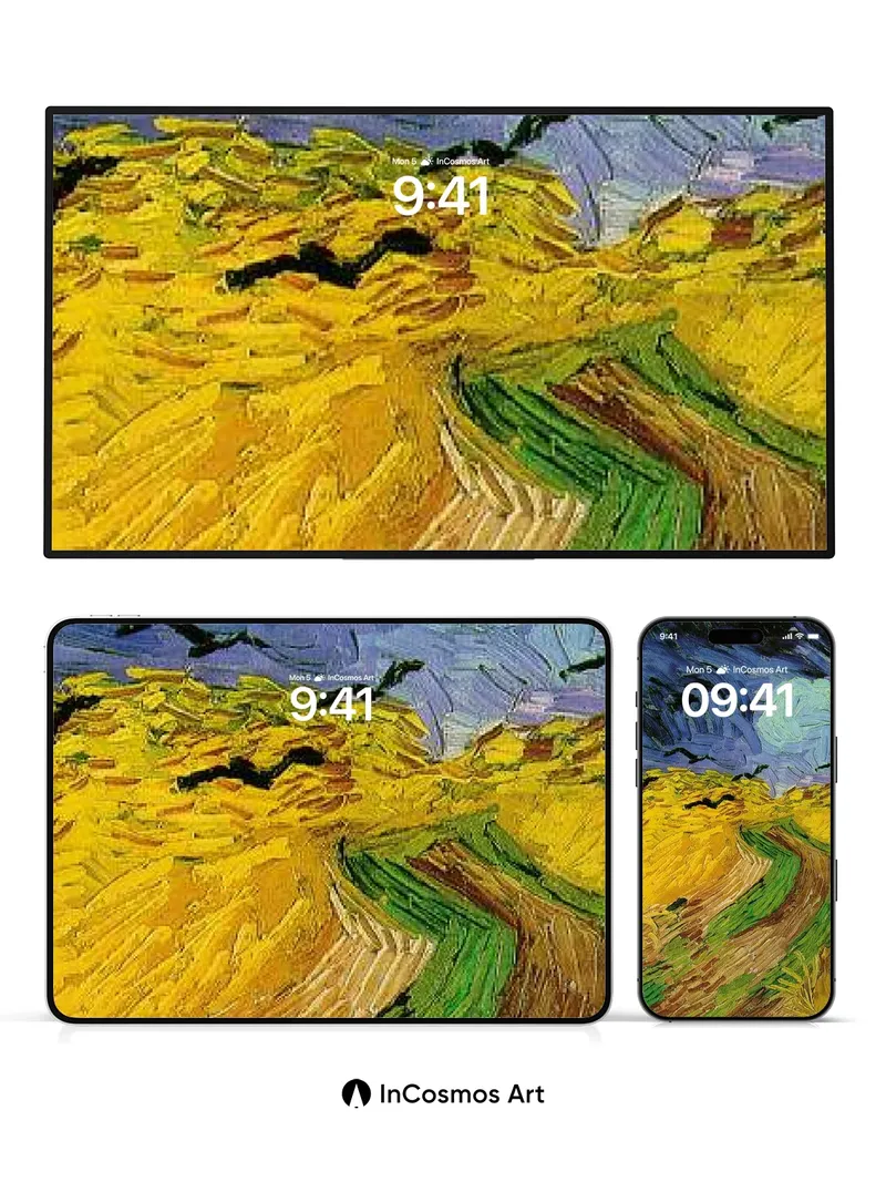 Storm-Whipped Wheatfield Wallpaper with Flying Crows