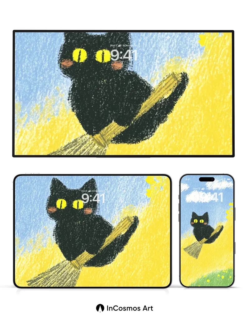 Whimsical Flight Wallpaper with Broomstick Cat