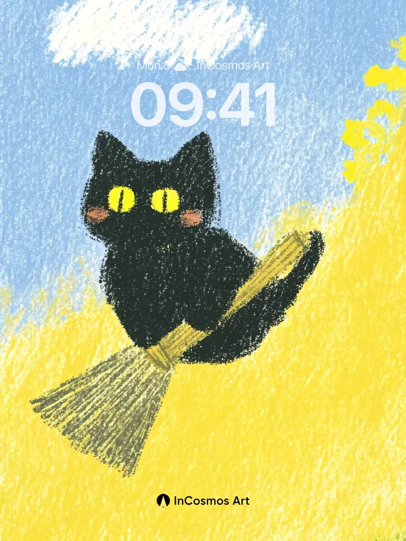 Whimsical Flight Wallpaper with Broomstick Cat
