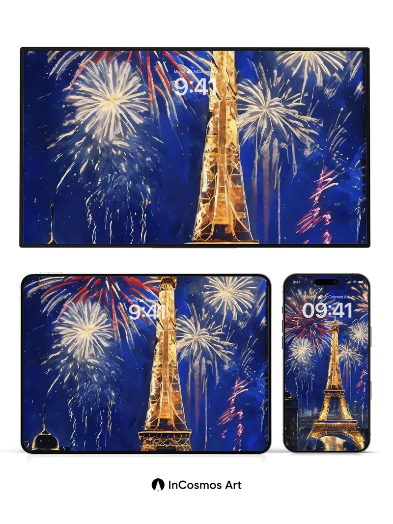 Firelight Eiffel Wallpaper with Starlit Sparks
