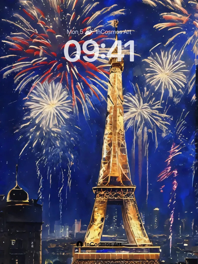 Firelight Eiffel Wallpaper with Starlit Sparks