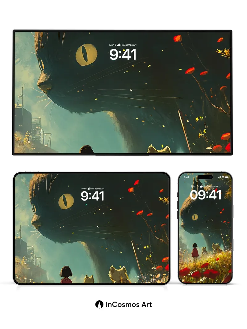 Whispering Cat Wallpaper with Floating Petals