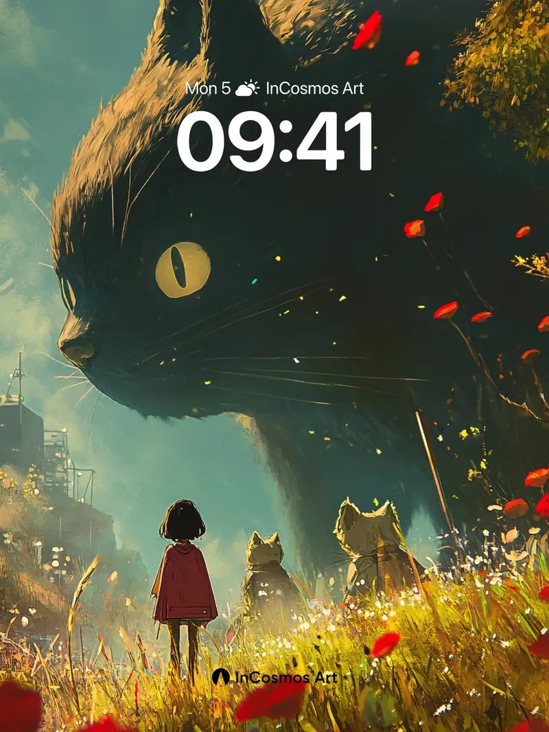 Whispering Cat Wallpaper with Floating Petals