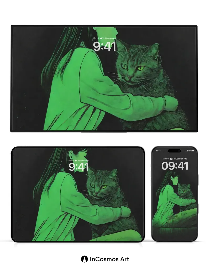 Emerald Hush Wallpaper with Feline Whisper