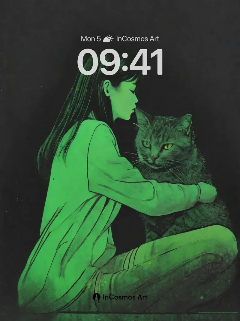 Emerald Hush Wallpaper with Feline Whisper