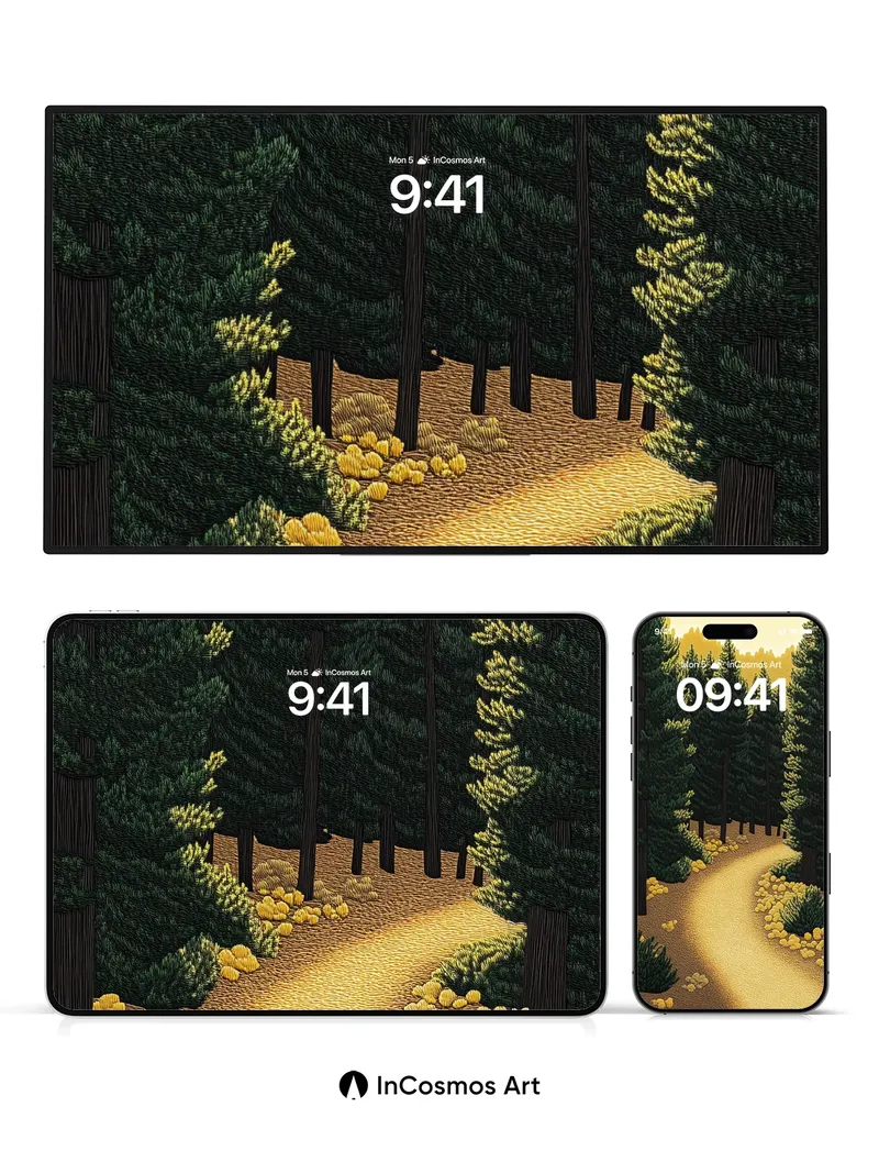 Golden Path Wallpaper with Whispering Pines