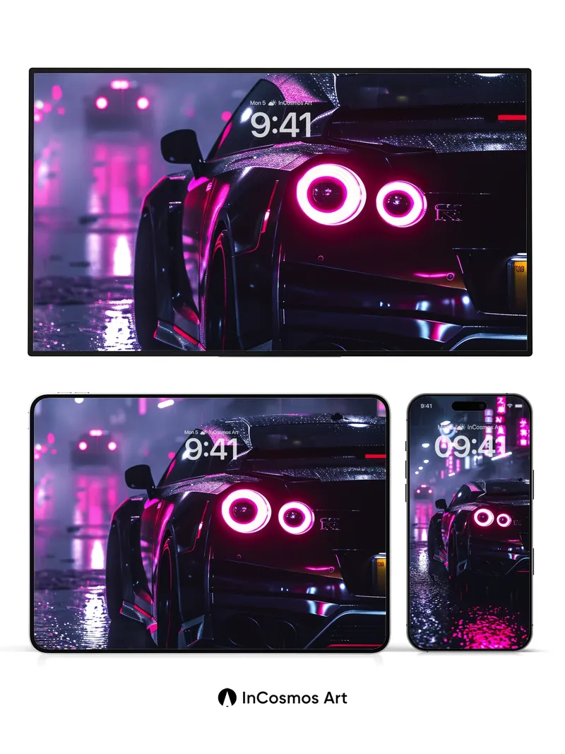 Neon Pulse Wallpaper with Rain-Slicked Reflections