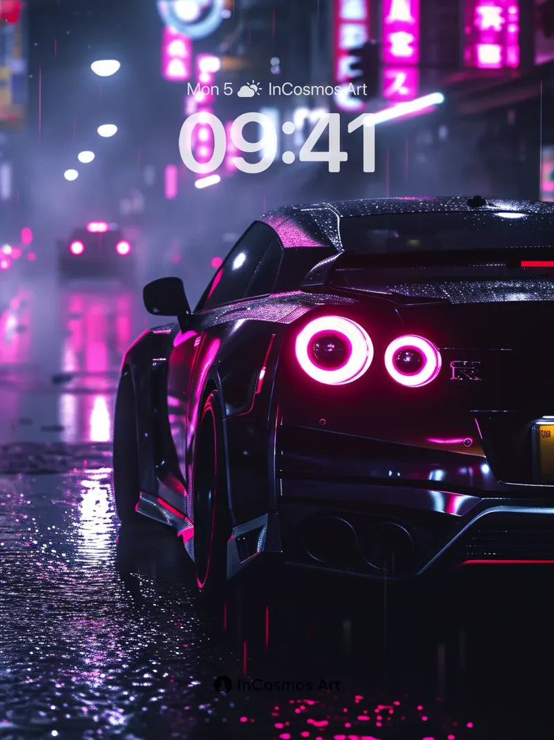 Neon Pulse Wallpaper with Rain-Slicked Reflections