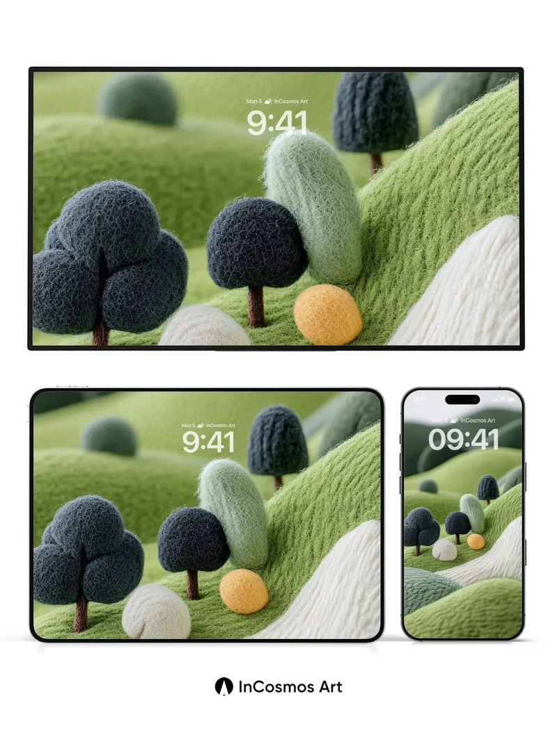 Knitted Valley Wallpaper with Woolen Trees