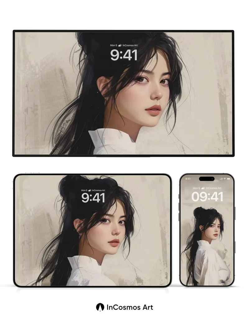 Serene Ink Portrait Wallpaper with Floating Hair