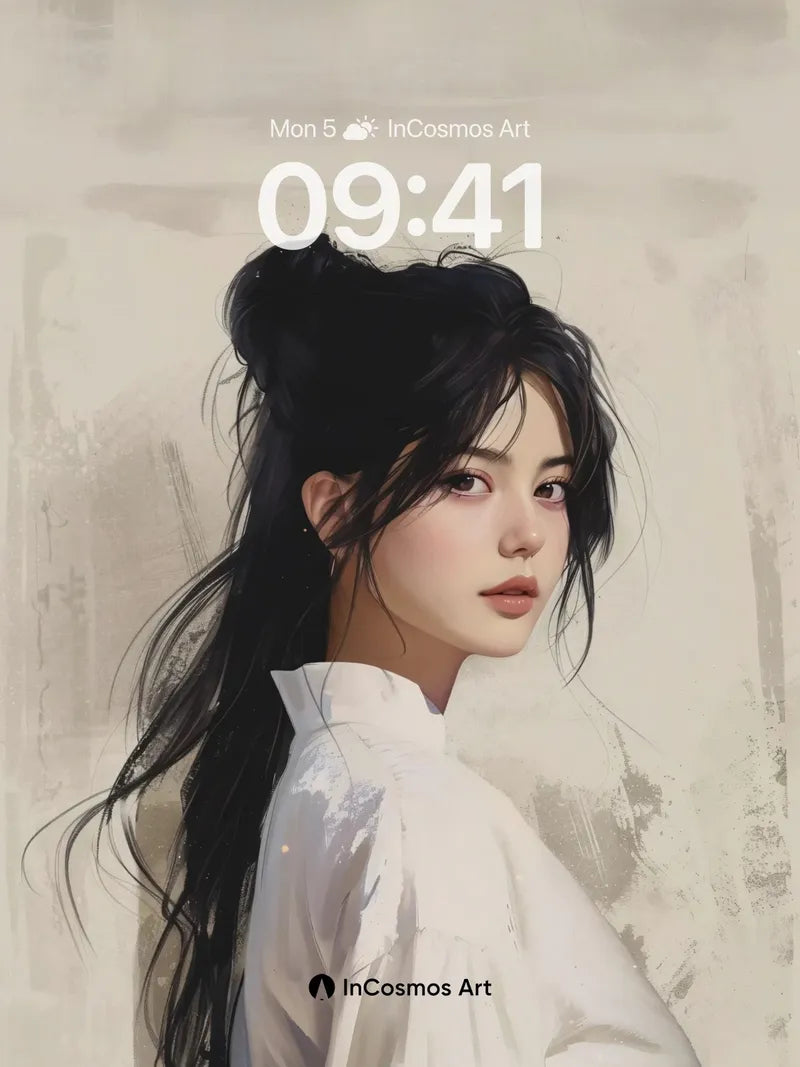 Serene Ink Portrait Wallpaper with Floating Hair