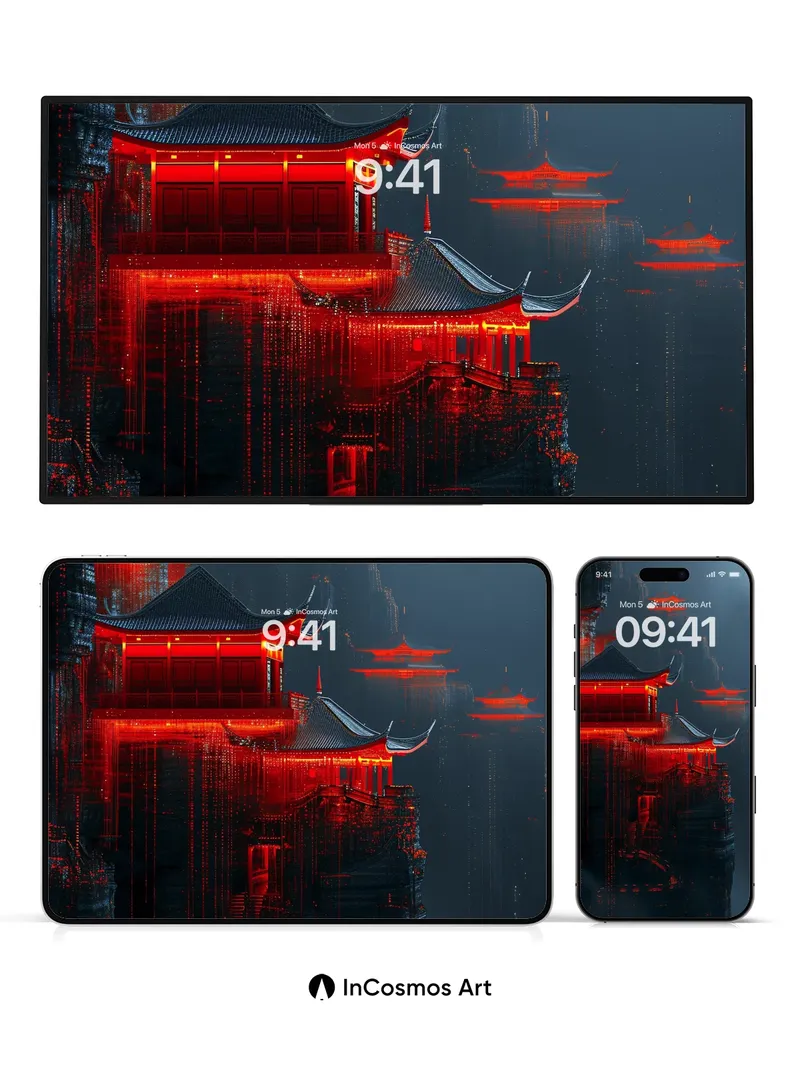 Crimson Echoes Wallpaper with Floating Temples