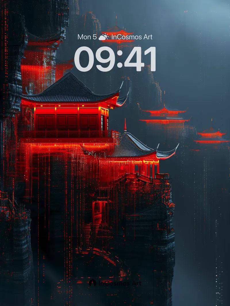 Crimson Echoes Wallpaper with Floating Temples