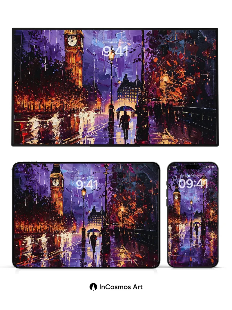 Luminescent Rainfall Wallpaper with Clocktower Echo