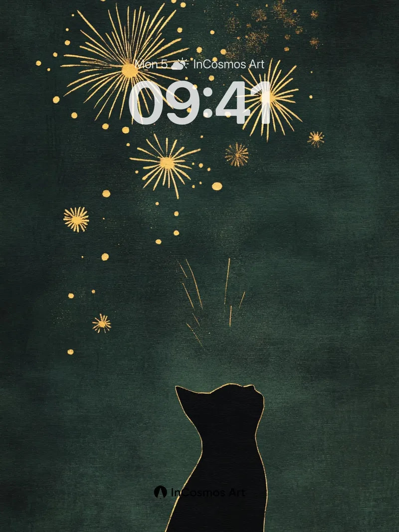Midnight Whisker Wallpaper with Golden Fireworks wallpaper for iPhone, iPad & Mac