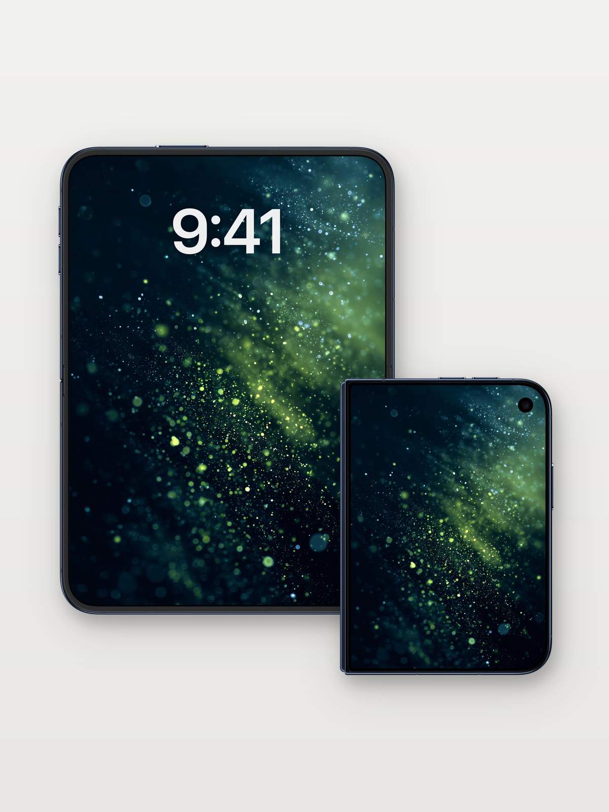 Cosmic Whisper Wallpaper with Luminous Dust on iPhone Duo, open and closed