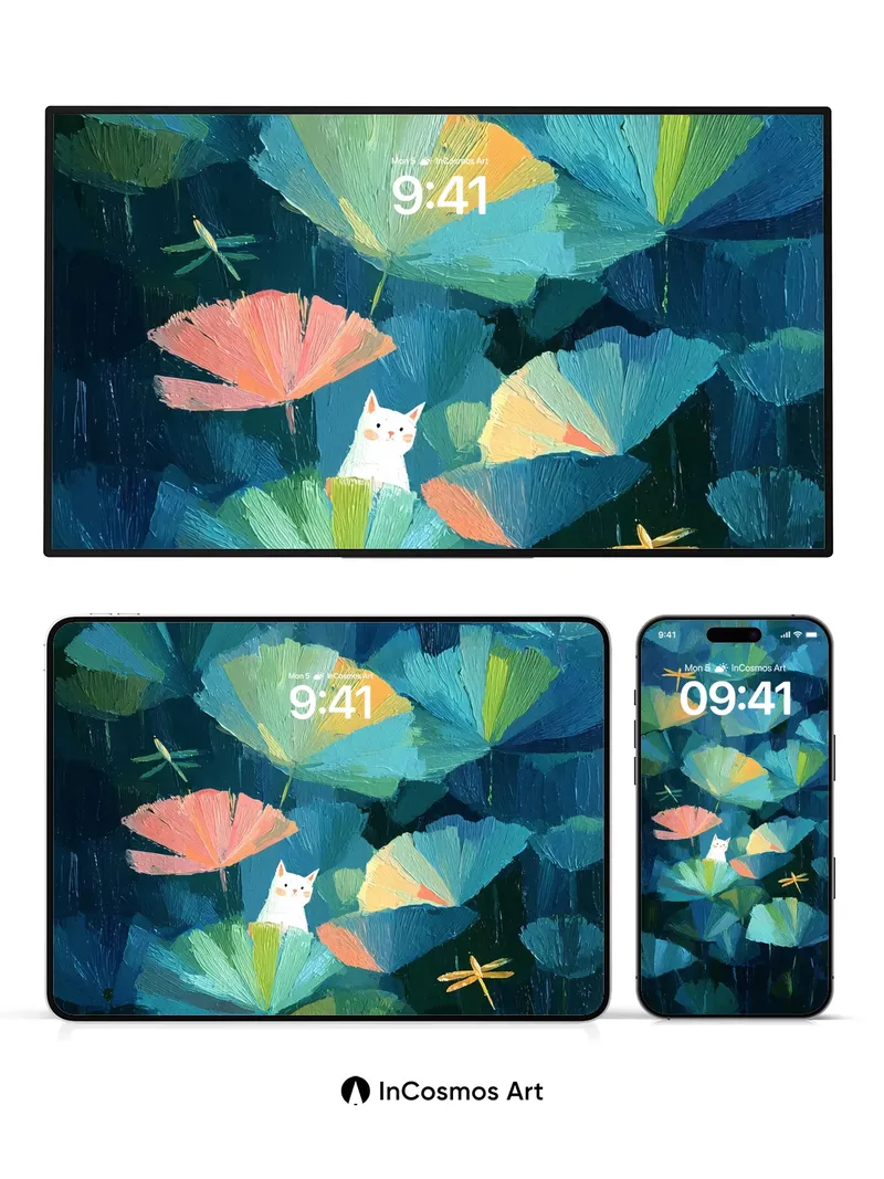 Whispering Lotus Wallpaper with Feline Glimmer