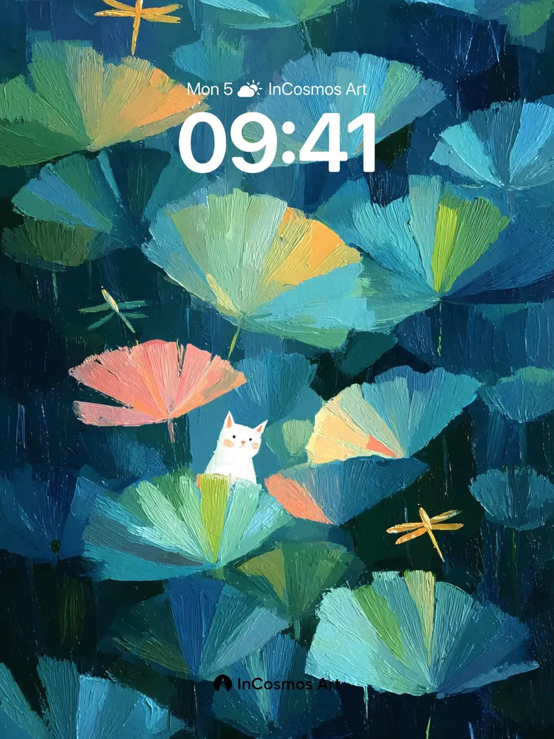 Whispering Lotus Wallpaper with Feline Glimmer