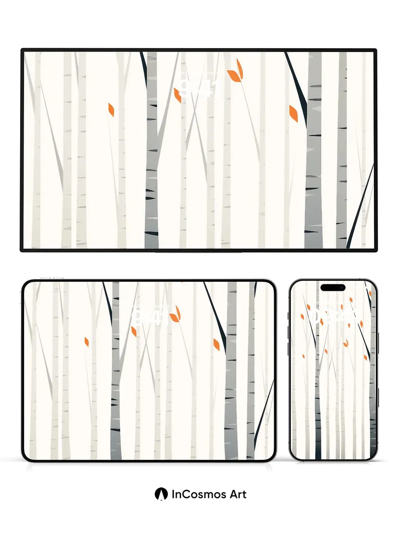 Serenity Birch Wallpaper with Floating Amber Leaves