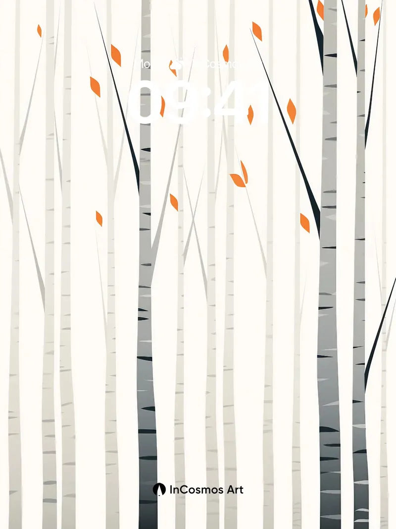 Serenity Birch Wallpaper with Floating Amber Leaves