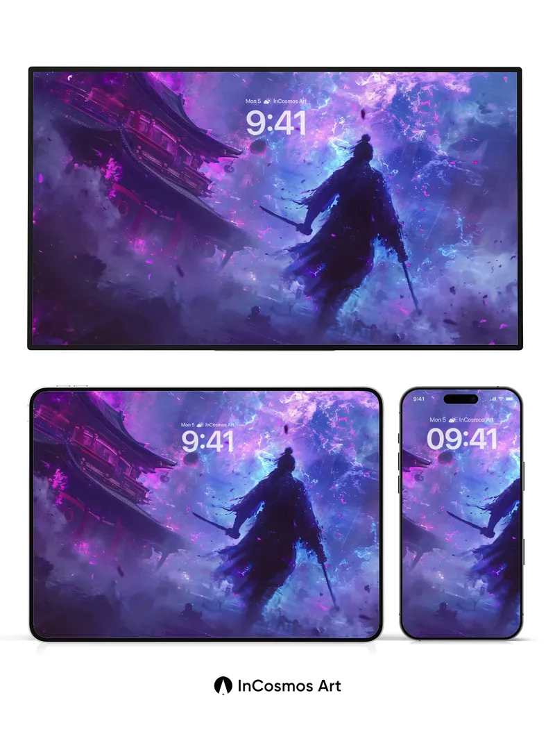 Cosmic Samurai Wallpaper with Floating Temple