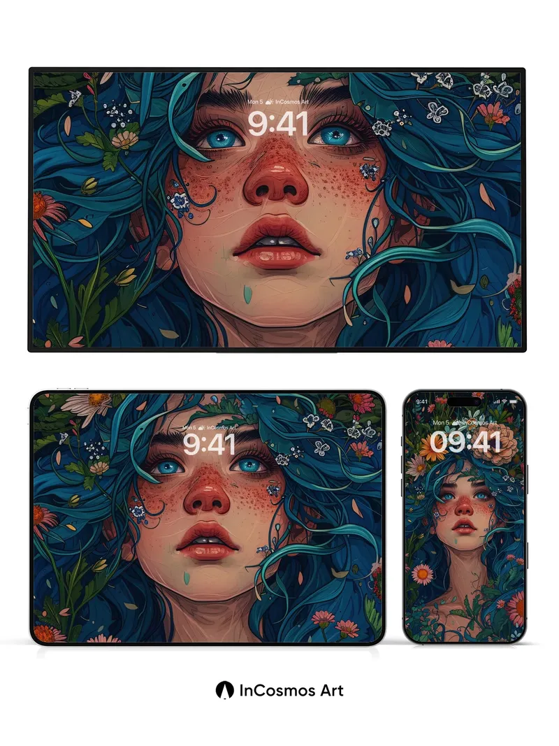 Floral Reverie Wallpaper with Teal Tresses