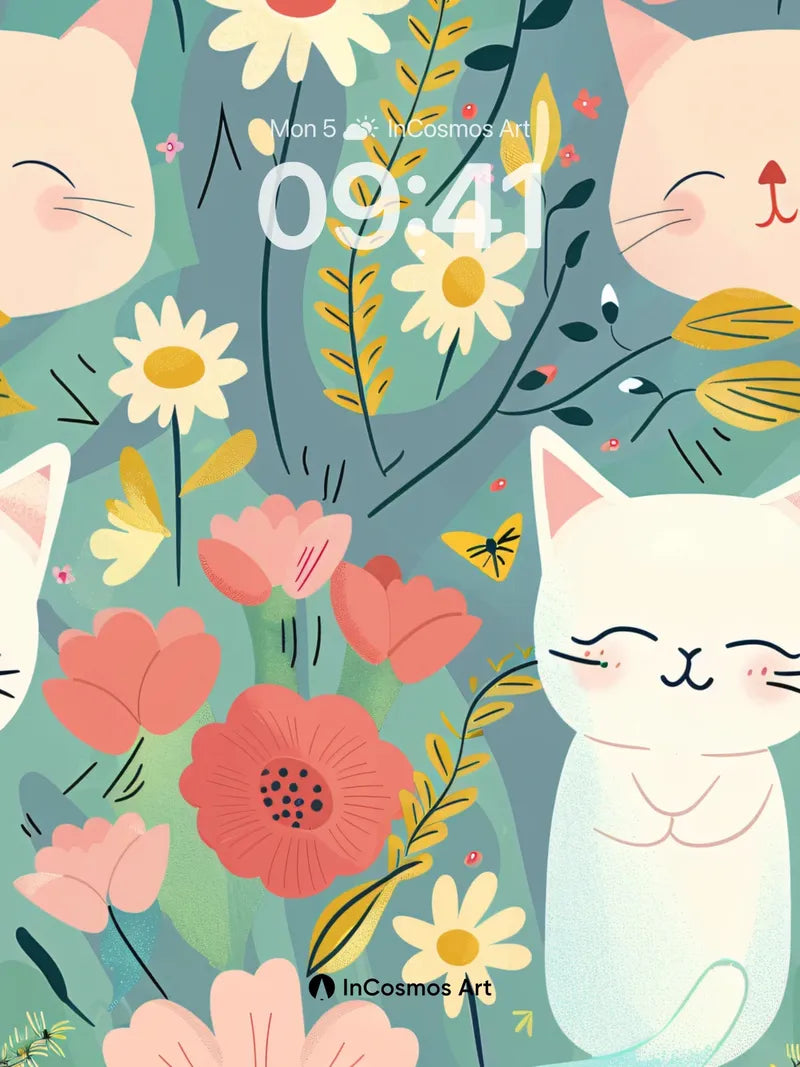Whimsical Garden Wallpaper with Sleeping Cats wallpaper for iPhone, iPad & Mac