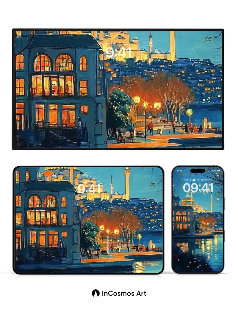 Luminous Nightscape Wallpaper with Floating Orbs