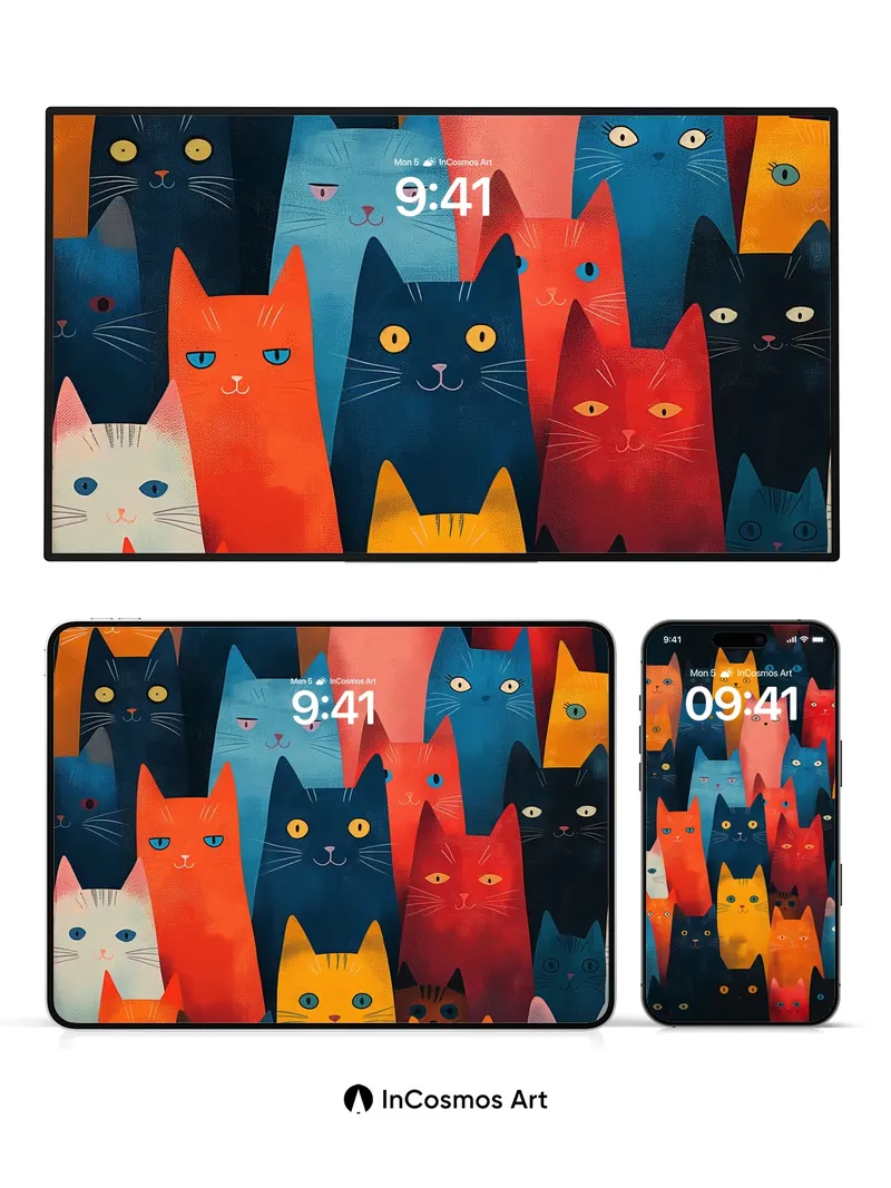 Colorful Cat Choir Wallpaper with Vibrant Eyes