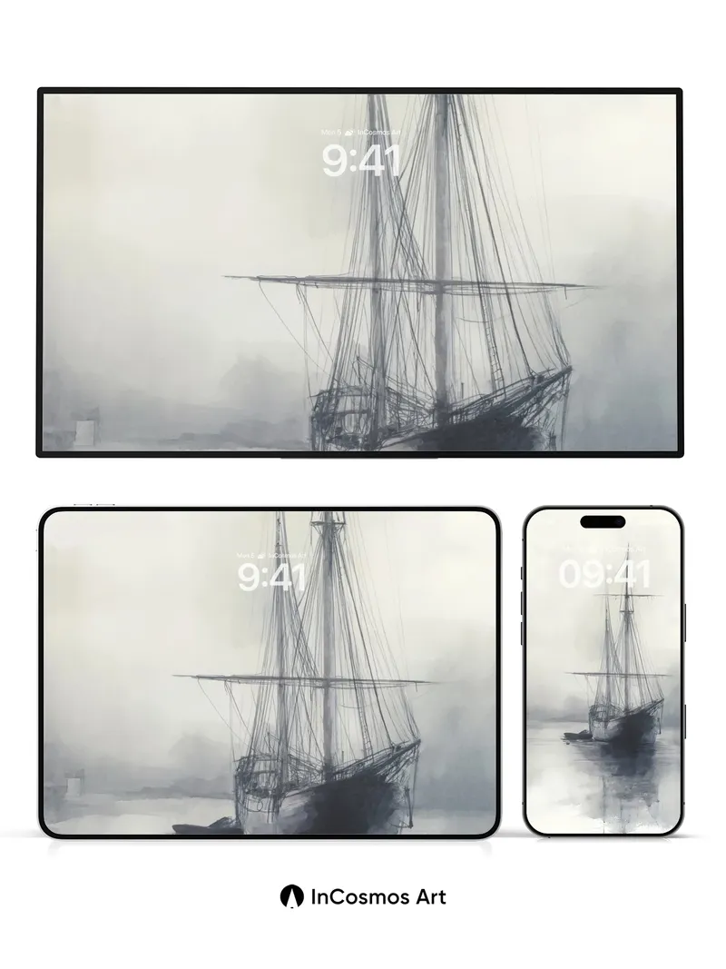 Misty Silence Wallpaper with Ghost Ship Reflection